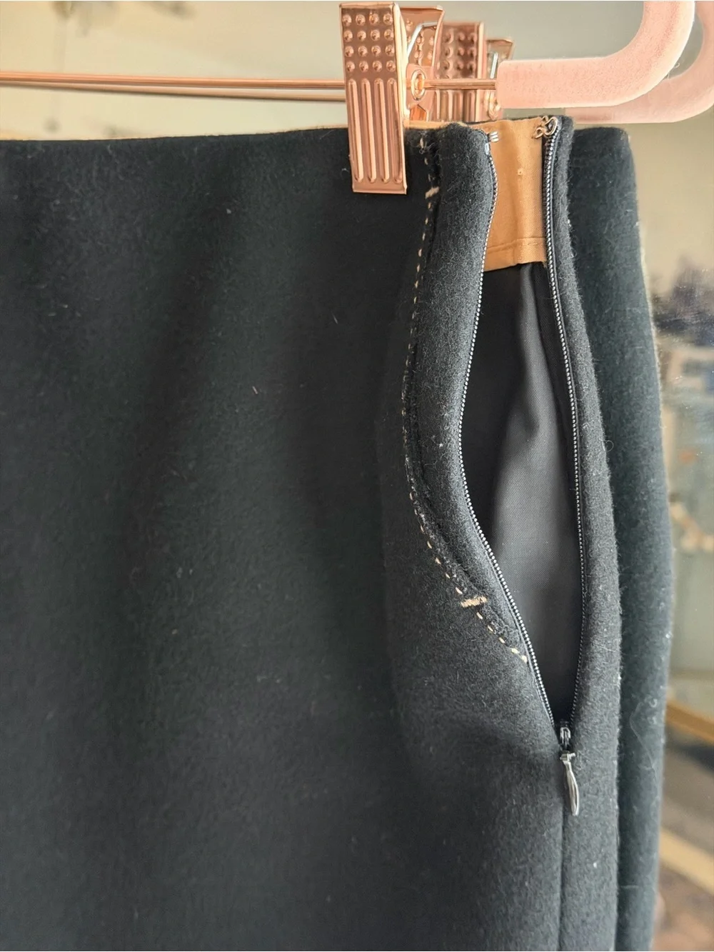 J. Crew Wool Blend Black Pencil Skirt with Tan Contrast Stitching